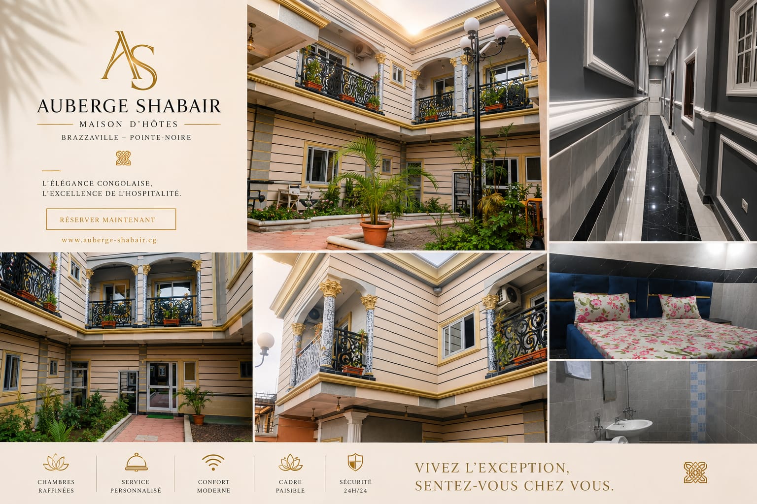 Moodboard Auberge Shabair — façade, couloir, chambre, salle d'eau